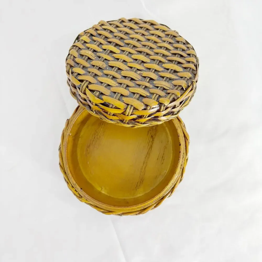 Vintage 4” Round Woven Lidded Trinket Box – Handmade Storage Basket